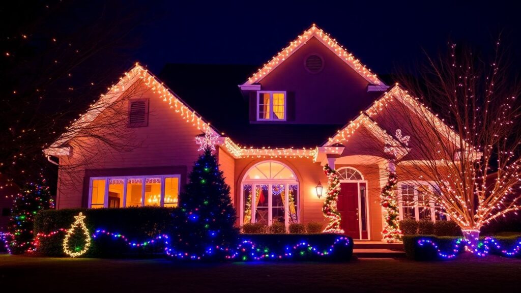 Dazzling Christmas lights on a Ballwin home at night.