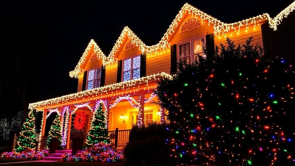 Professionally installed Christmas lights on a house exterior.