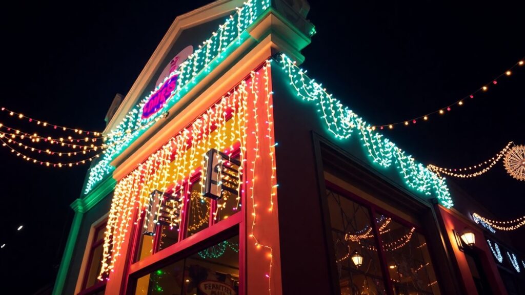 Commercial building decorated with bright Christmas lights.
