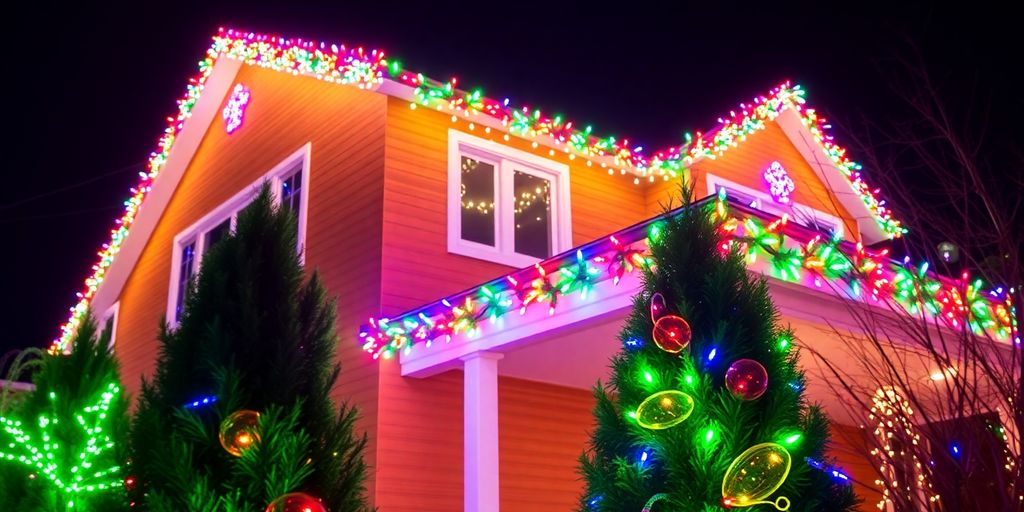 Professionally installed Christmas lights on a home.