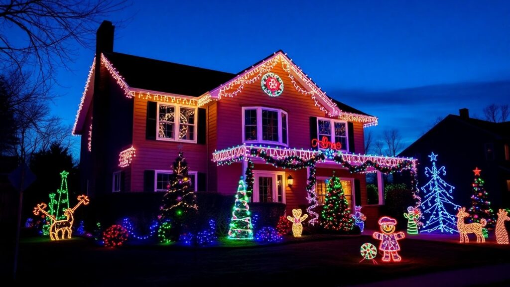 Festive house decorated with colorful Christmas lights.