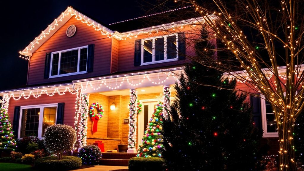 Professionally installed Christmas lights on a house.
