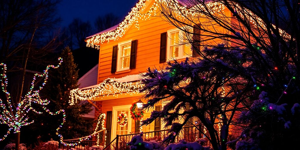 Festive Christmas lights adorning a house exterior.
