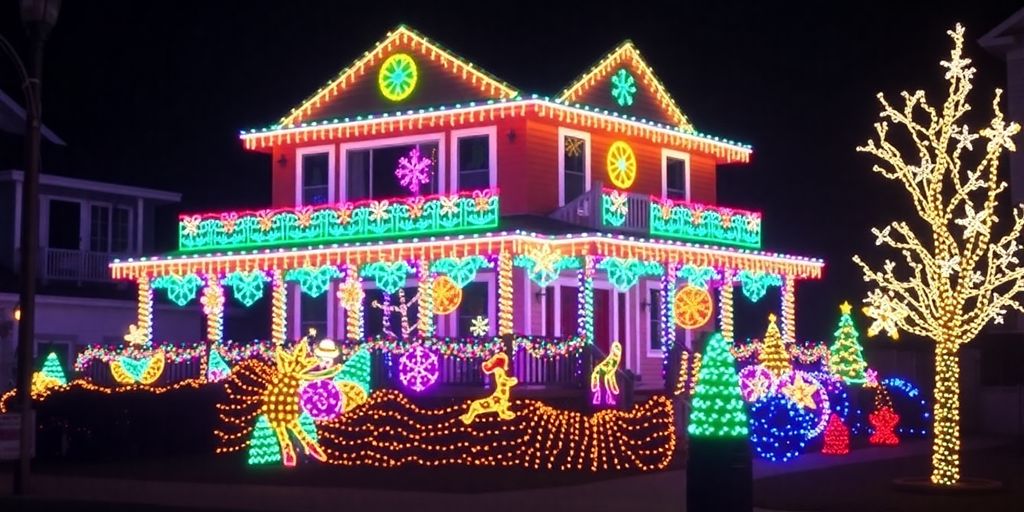 Festive house adorned with sparkling Christmas lights.