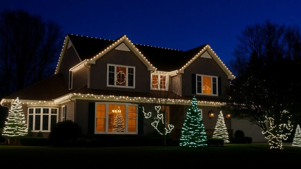 Home with permanent Christmas lights glowing at dusk.