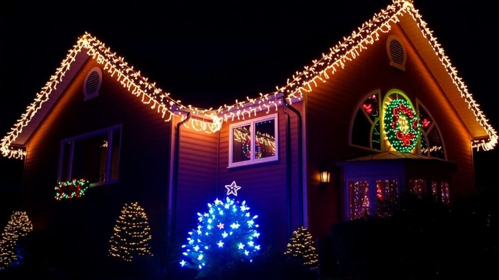 Professionally installed Christmas lights on a house exterior.