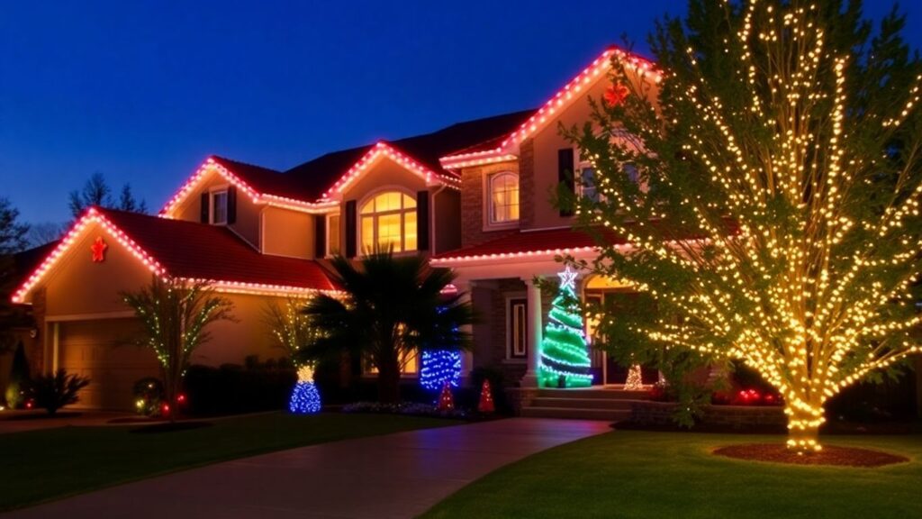 Professionally installed Christmas lights on a house.