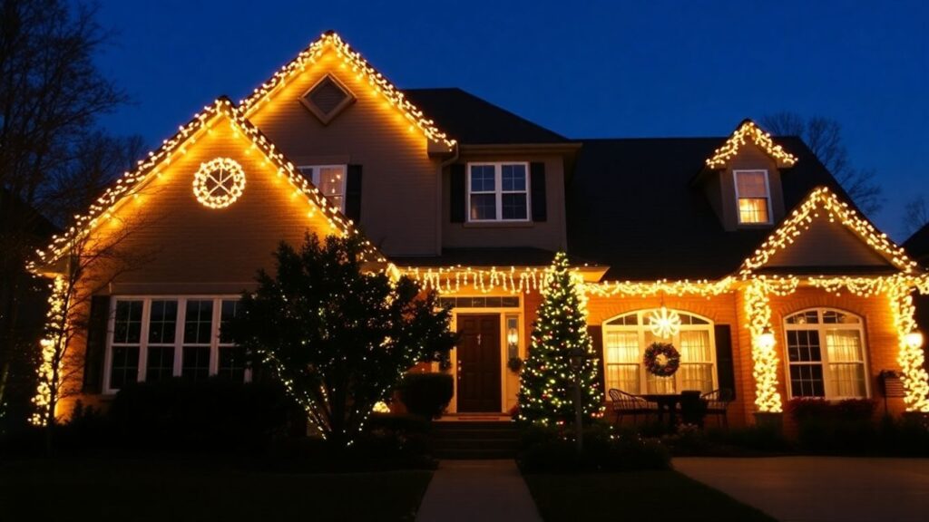 House with permanent Christmas lights installed.