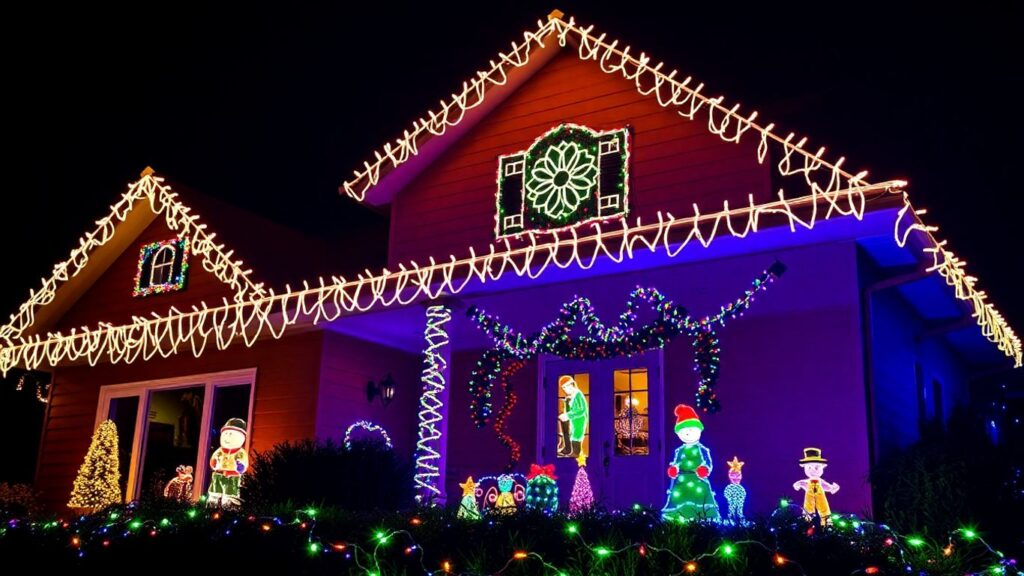 House decorated with bright Christmas lights at night.