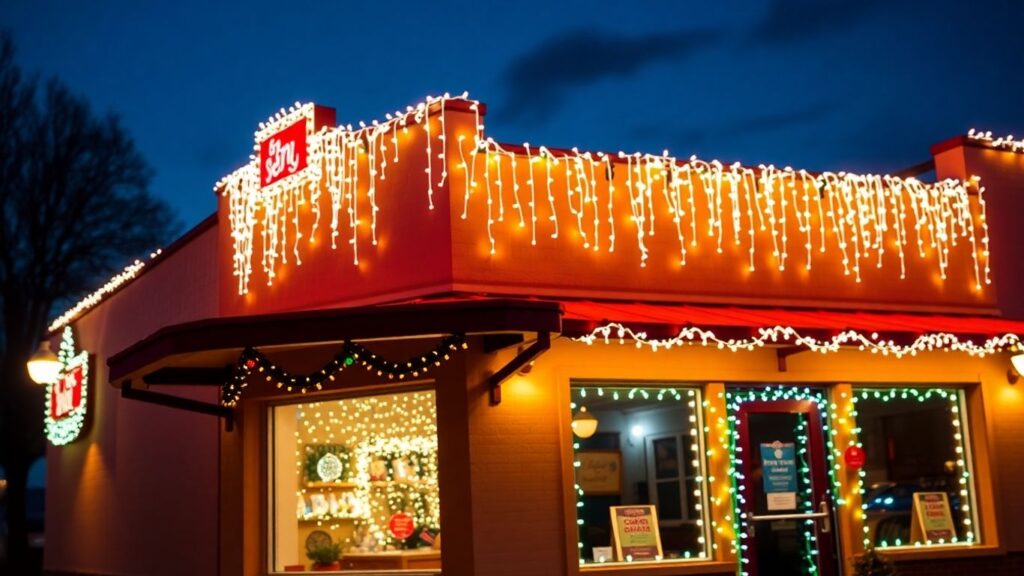 Commercial building decorated with bright Christmas lights.