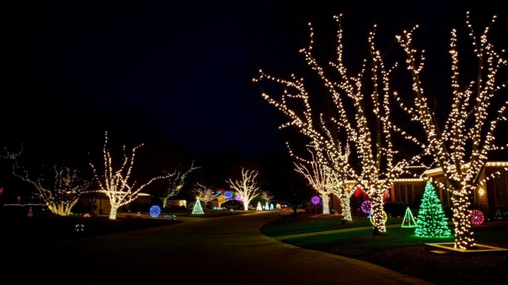 Weldon Spring Christmas lights at night.