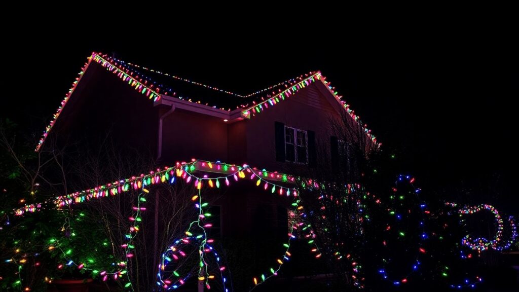 House decorated with colorful Christmas lights at night.