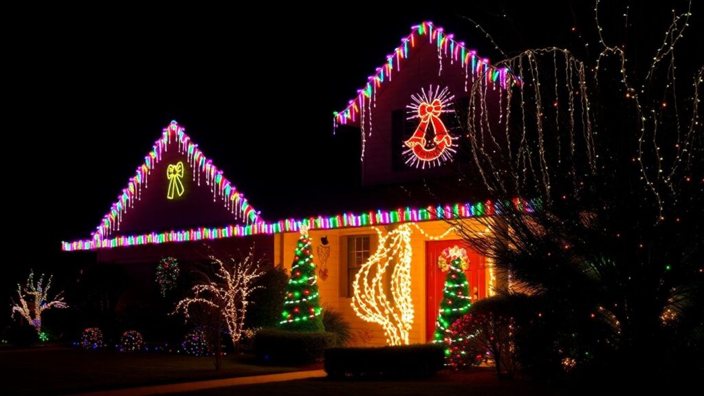 House decorated with bright Christmas lights at night.