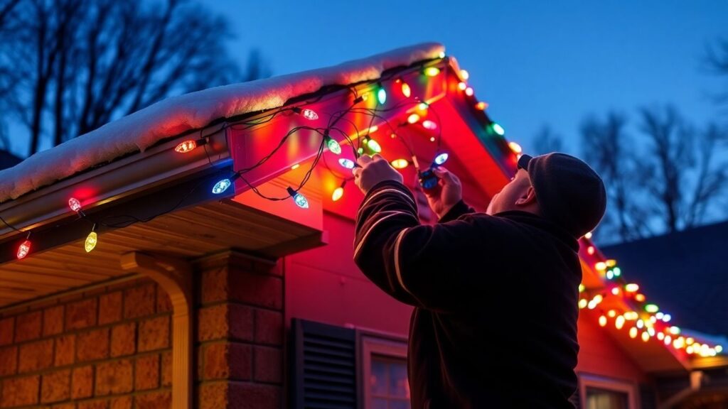 Professional Christmas lights installation on a house.