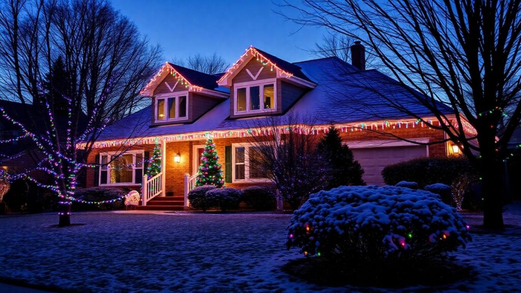 Festive house with Christmas lights at dusk in Sunset Hills.