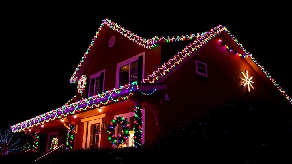 House decorated with bright Christmas lights at night.