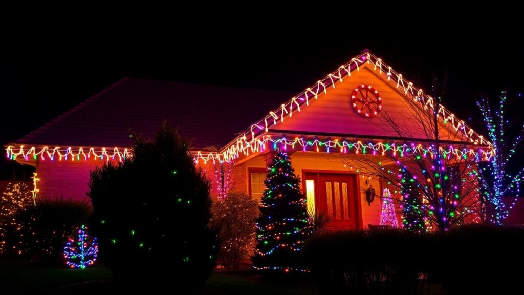 House decorated with bright, colorful Christmas lights.