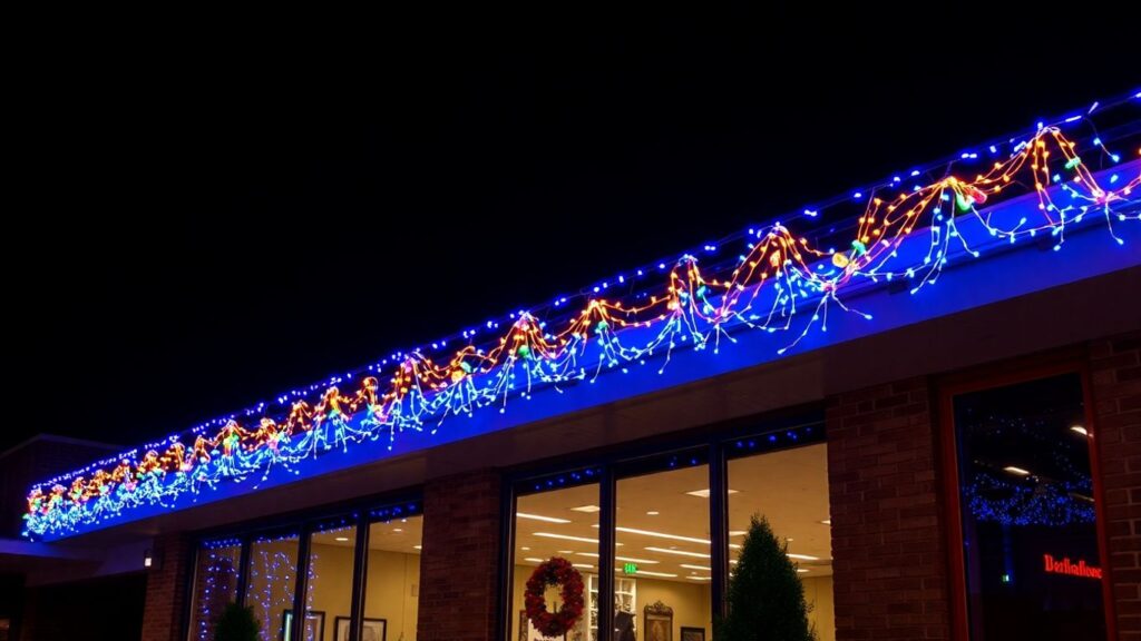 Commercial building decorated with bright Christmas lights at night.