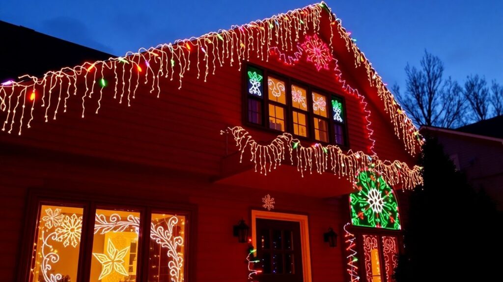 House decorated with colorful Christmas lights at dusk.
