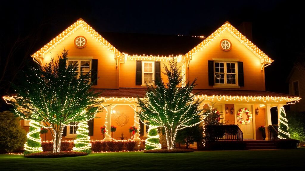 House with permanent Christmas lights at night.