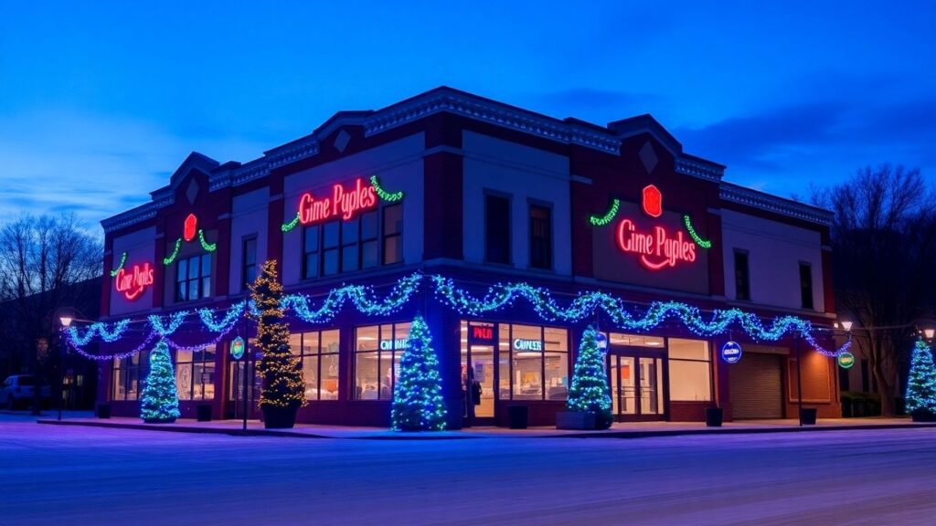 Commercial building with colorful Christmas lights at dusk