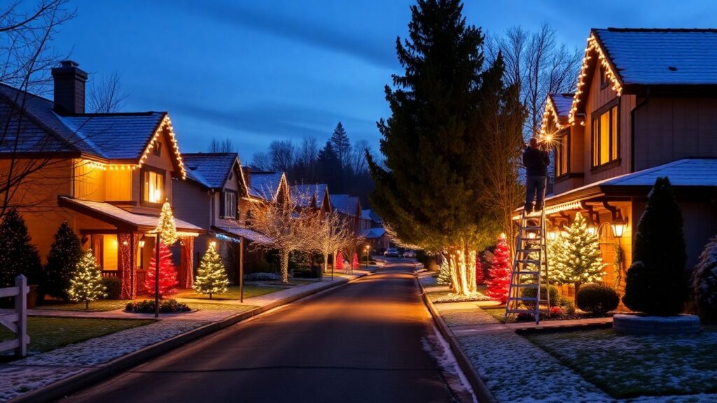 Christmas lights installation on homes at dusk in Sunset Hills