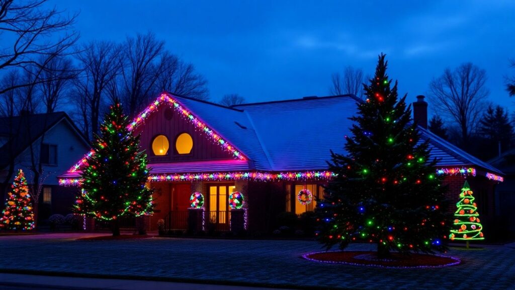 Decorated home with Christmas lights and snowfall