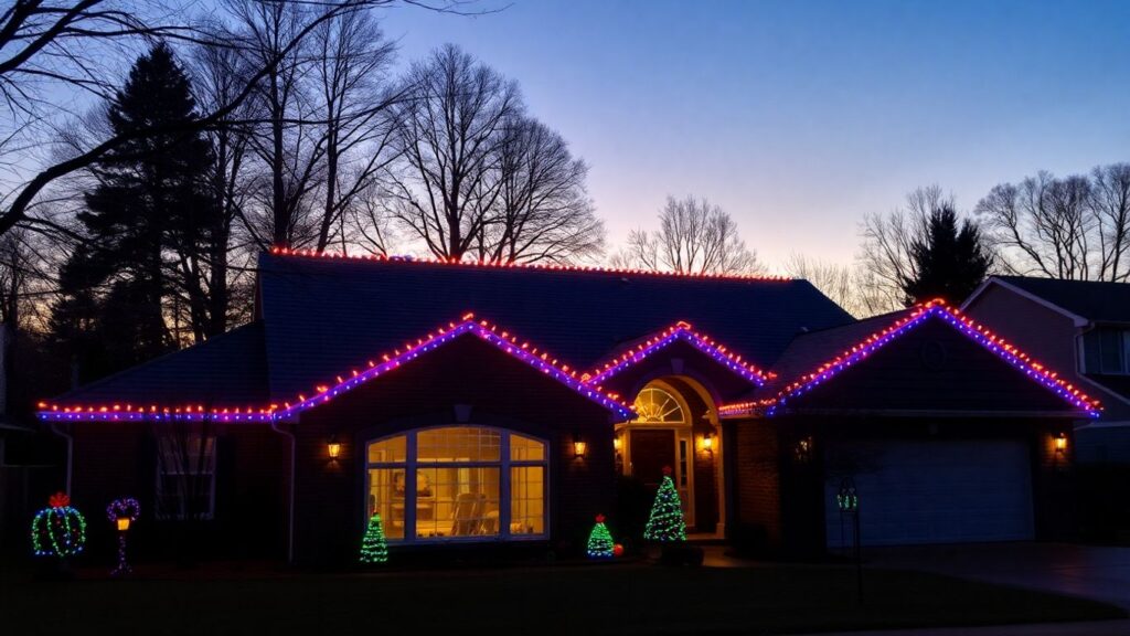 House with permanent Christmas lights at dusk