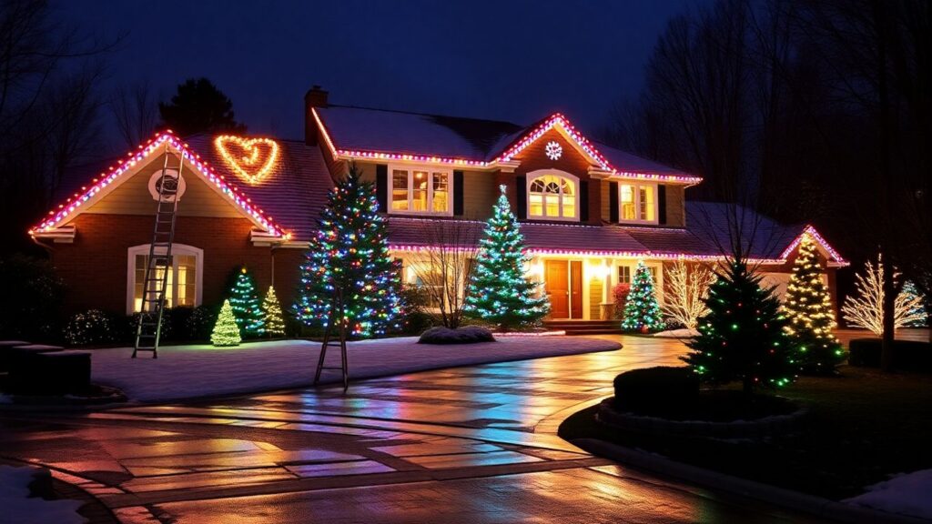House with Christmas lights installation at sunset