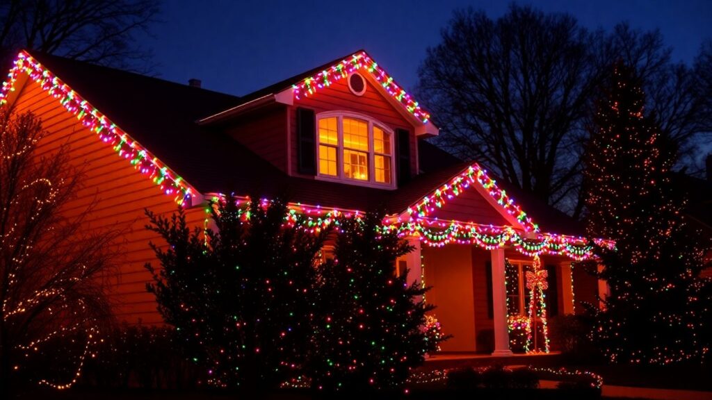 House decorated with Christmas lights in Weldon Spring.