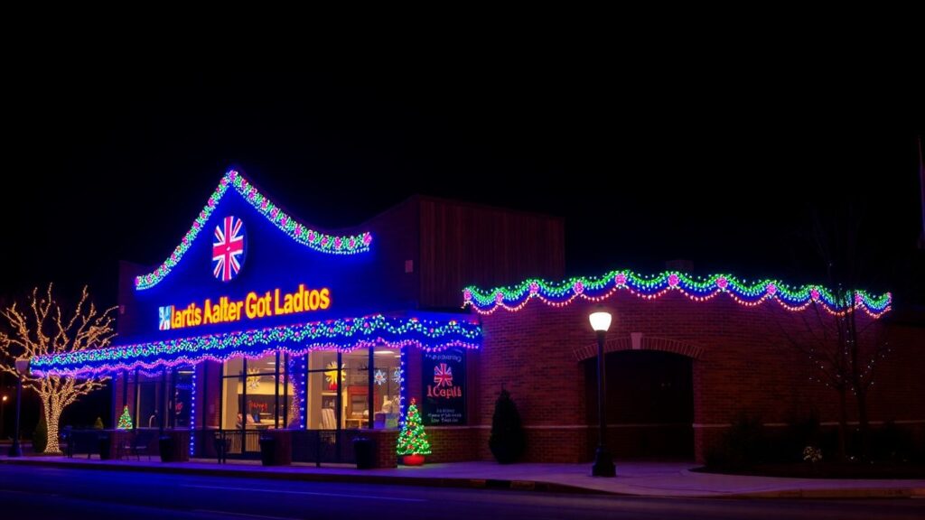 Commercial building decorated with colorful Christmas lights.