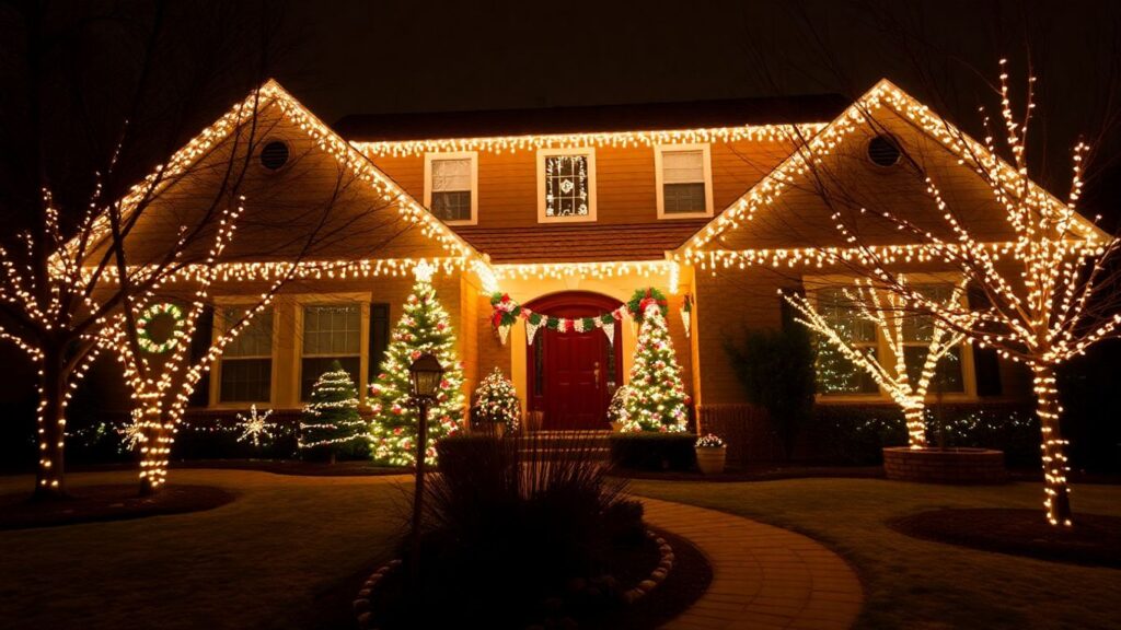 Professionally installed Christmas lights on a house.
