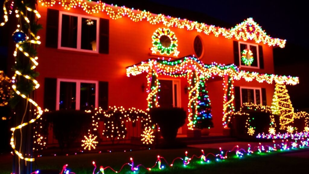 House decorated with colorful Christmas lights at night.