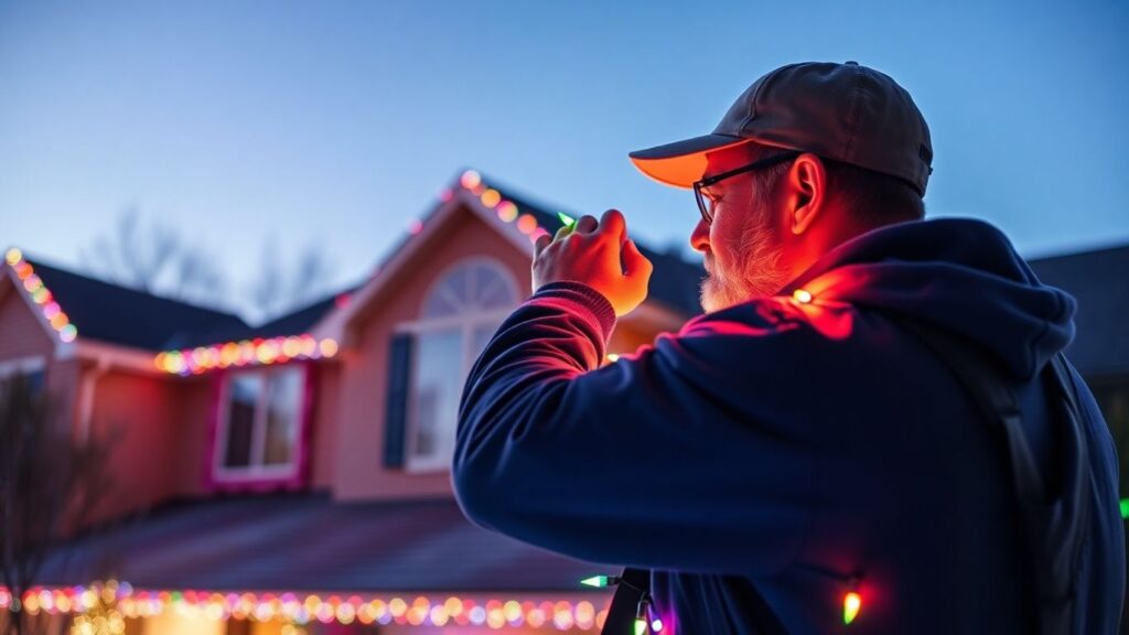 Christmas lights installation on a house exterior.