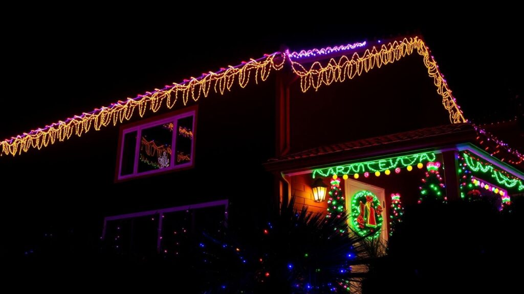 Festive Christmas lights decorating a house at night.