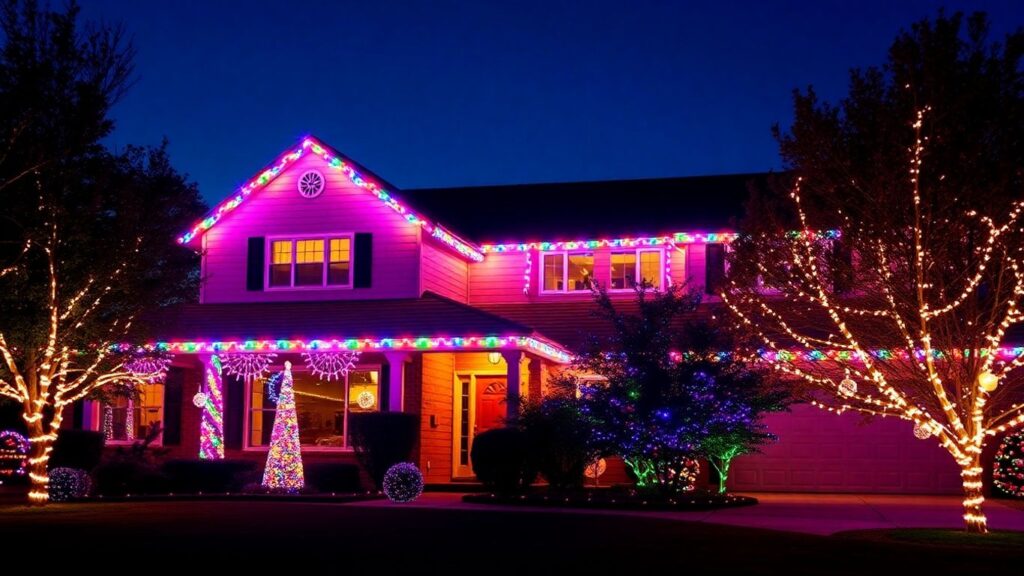 House with permanent Christmas lights glowing at dusk.