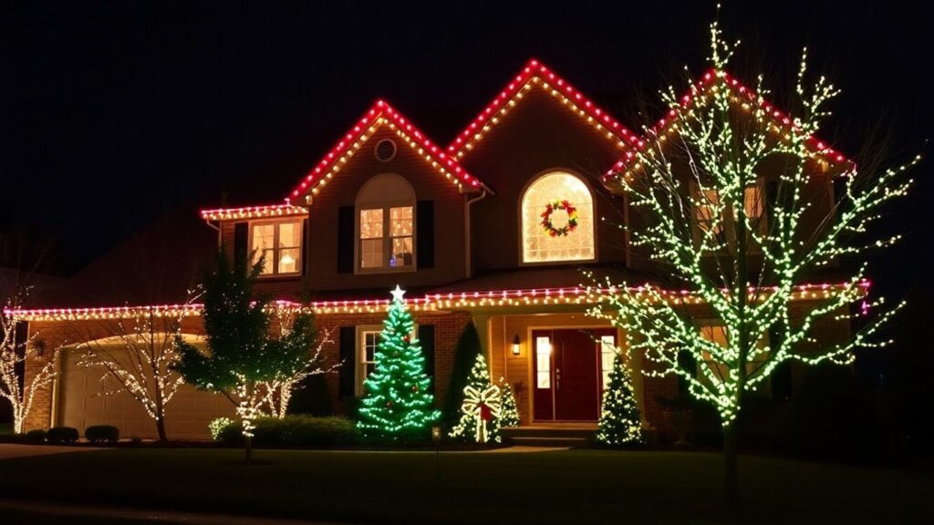 Professionally installed Christmas lights on a Dardenne Prairie home.