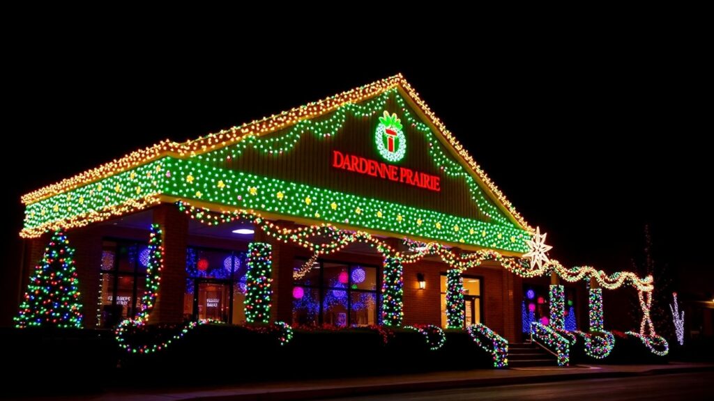Dazzling commercial Christmas lights on a building in Dardenne Prairie.