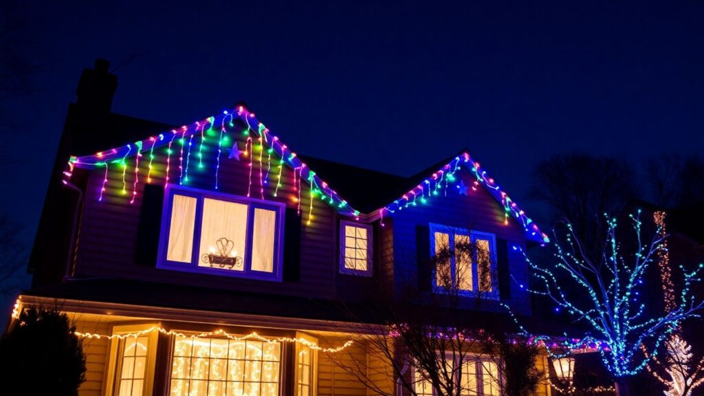 House decorated with colorful Christmas lights at dusk.