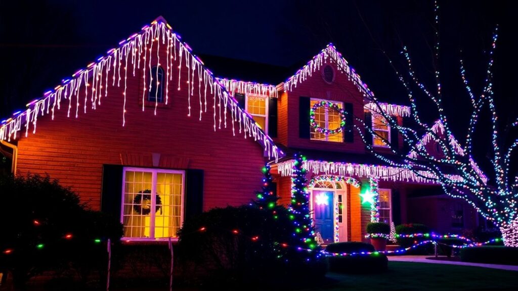 Festive home decorated with bright Christmas lights.