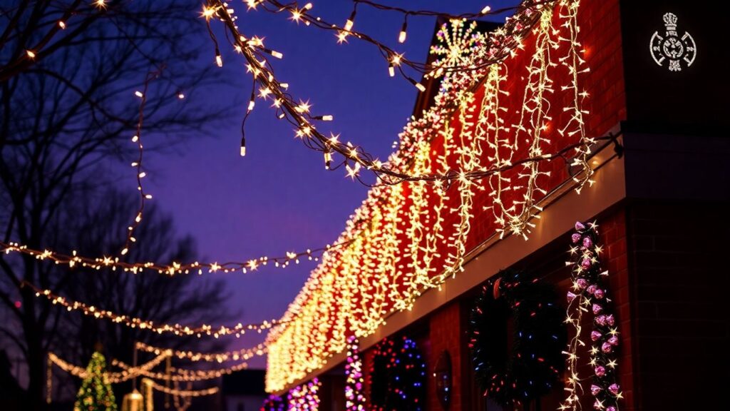 Dardenne Prairie commercial Christmas lights display at night.