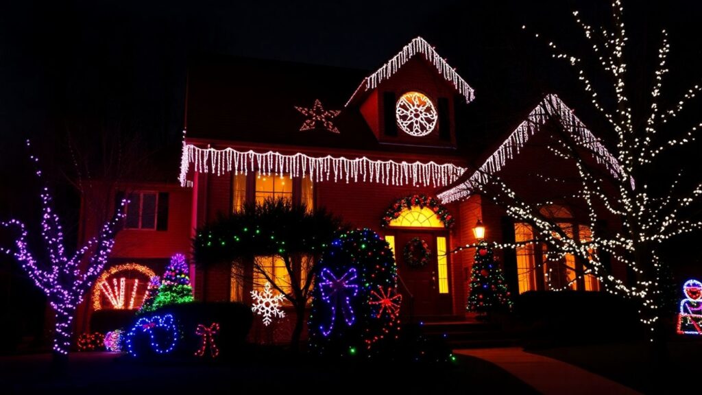 Oakville house decorated with bright Christmas lights.