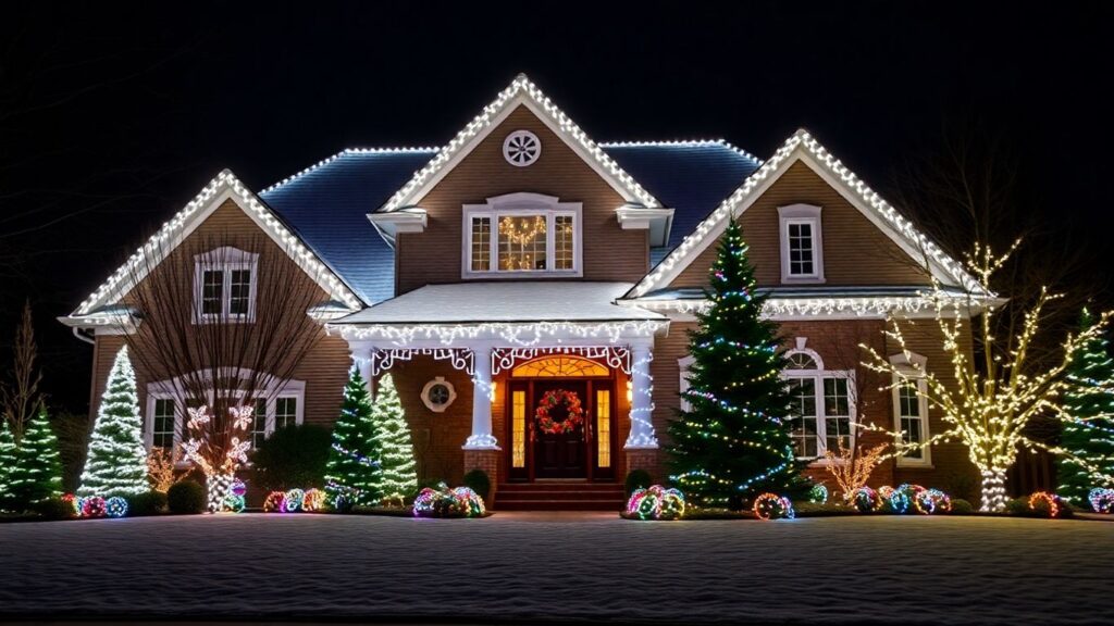 Oakville house decorated with professional Christmas lights at night.