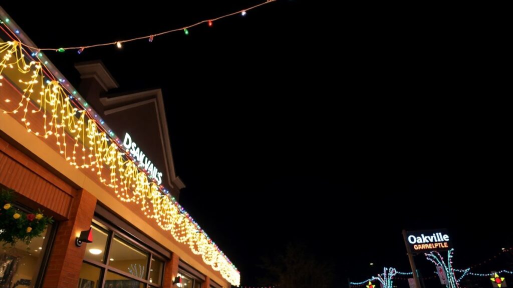 Commercial building decorated with bright Christmas lights in Oakville.