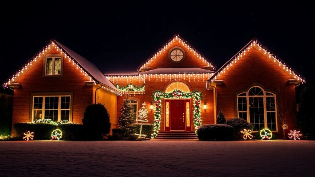 Festive house with permanent Christmas lights at night.