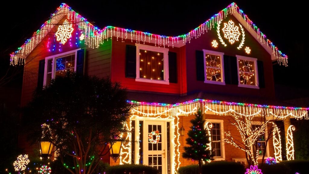 House decorated with colorful Christmas lights at night.