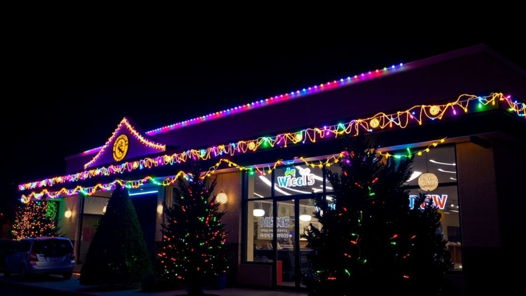 Commercial building decorated with bright Christmas lights.