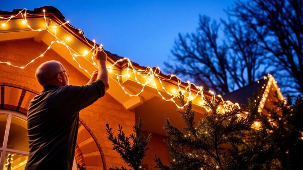 Christmas lights installation on a house