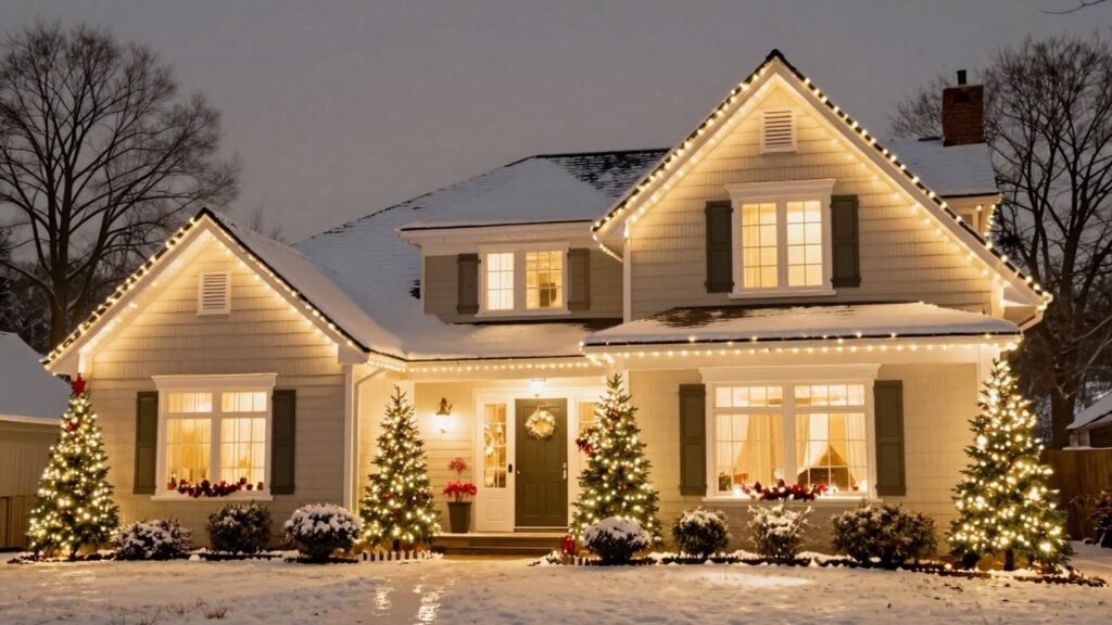 Oakville home decorated with bright Christmas lights.