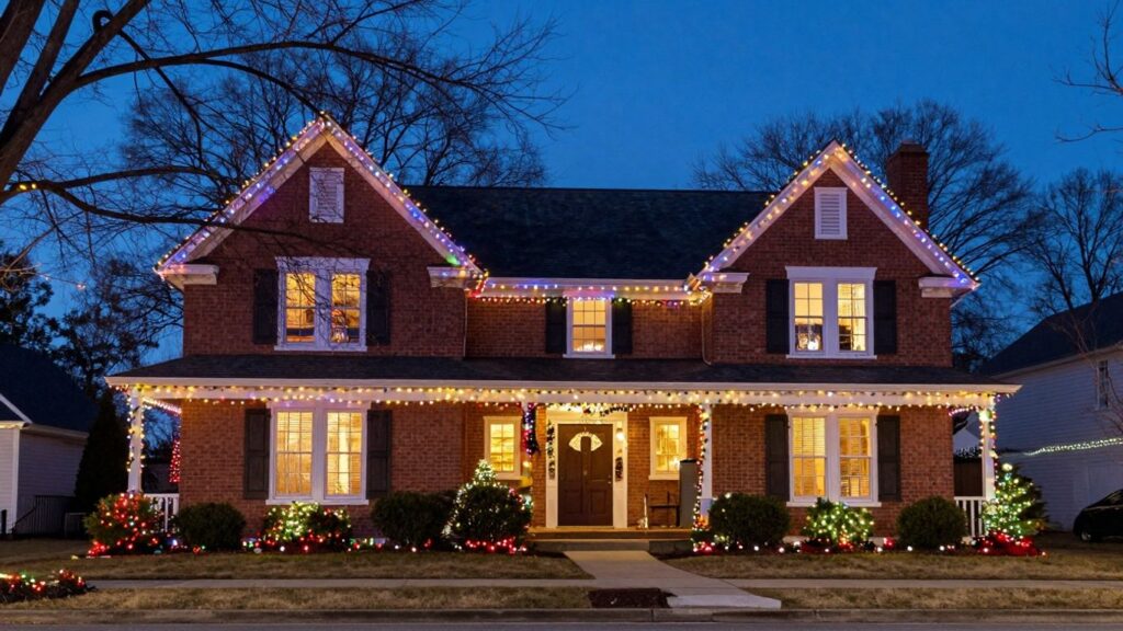 O'Fallon house decorated with bright Christmas lights at night.